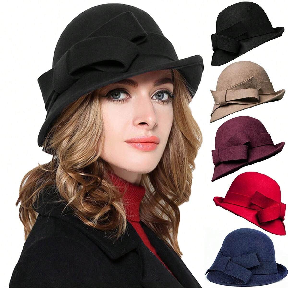 Women's French-style Elegant Retro Woolen Bowler Hat Curling Bow - P12 Hub Europe