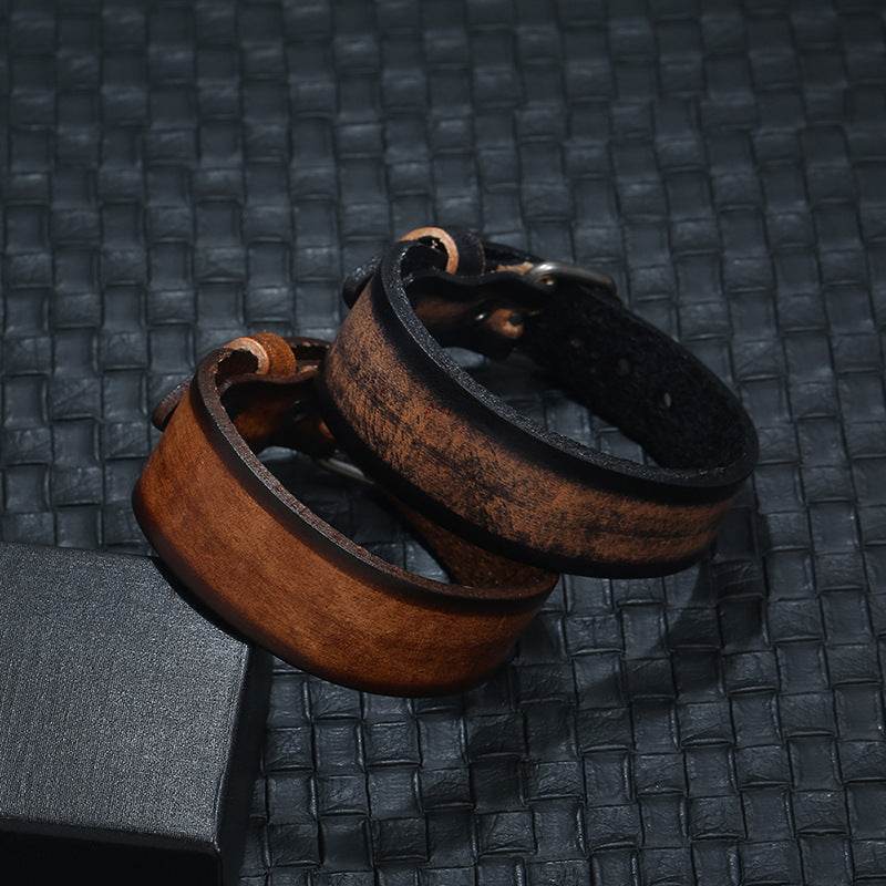New Punk Style Retro Vintage Wrap Buckle Genuine Leather Bracelet Adjustable Men Wide Belt Wristband Bangles Jewelry - P12 Hub Europe