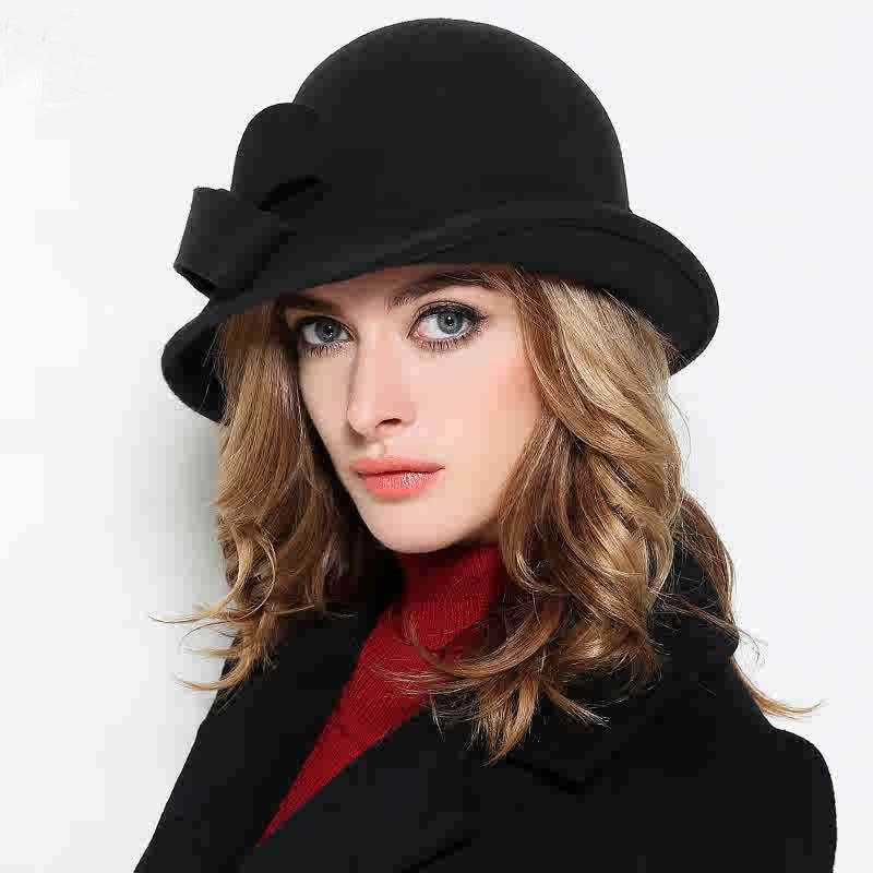 Women's French-style Elegant Retro Woolen Bowler Hat Curling Bow - P12 Hub Europe
