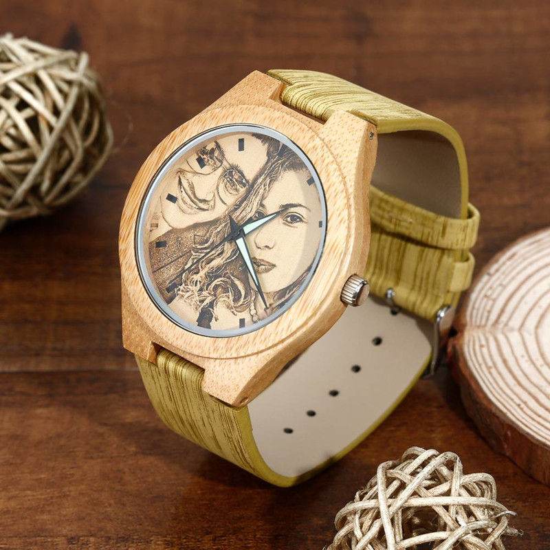 Women's Engraved Bamboo Photo Watch Wooden Leather Strap 40mm - P12 Hub Europe