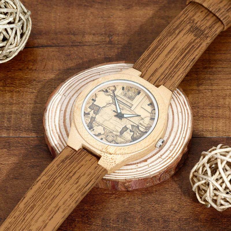 Women's Engraved Bamboo Photo Watch Wooden Leather Strap 40mm - P12 Hub Europe