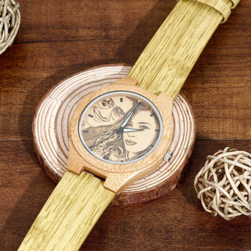 Women's Engraved Bamboo Photo Watch Wooden Leather Strap 40mm - P12 Hub Europe