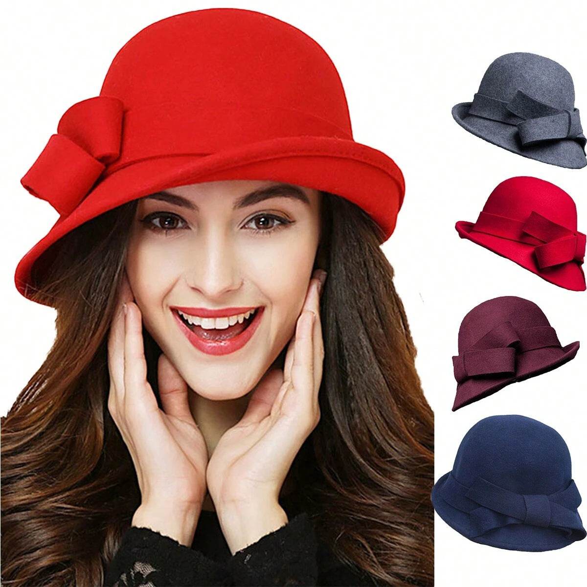 Women's French-style Elegant Retro Woolen Bowler Hat Curling Bow - P12 Hub Europe