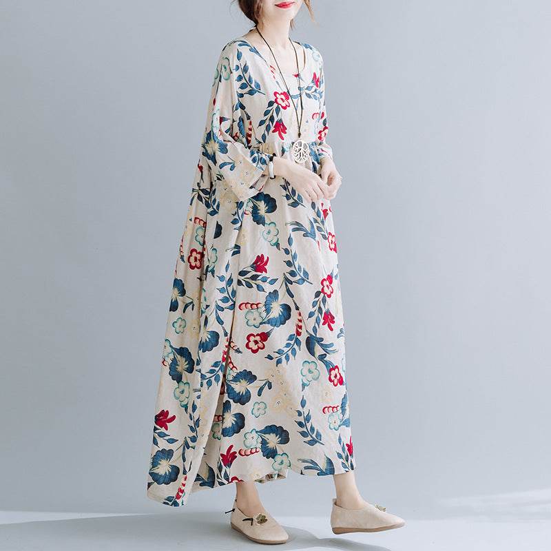 Plus Size Loose Panel Cotton Linen Print Short Sleeve Dress - P12 Hub Europe