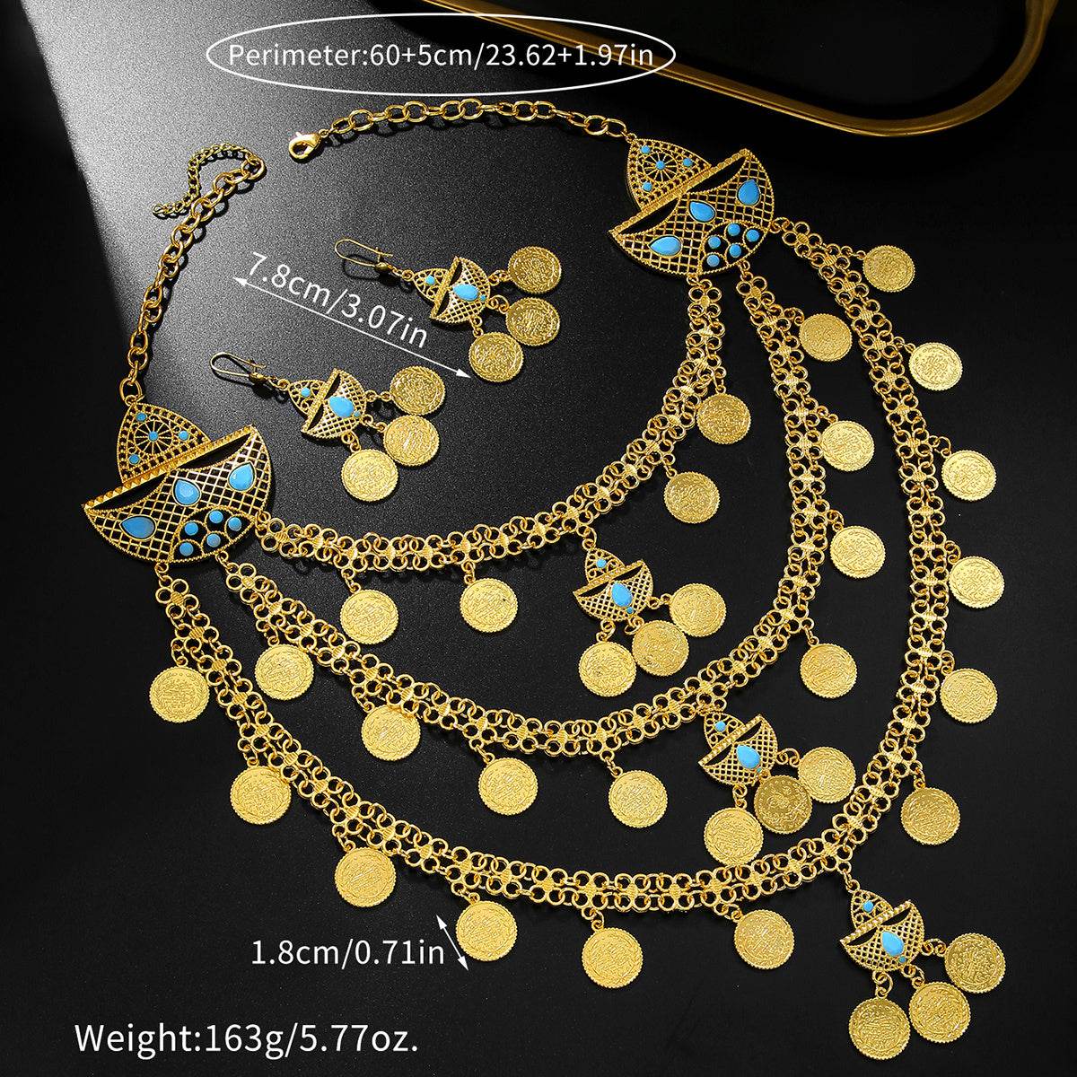 1set Fashion Retro 18k Gold Tassel Necklace Earrings Coin Middle East Set Multi-layer Set, Suitable For Holiday Gifts, Gatherings And Weddings To Wear - P12 Hub Europe
