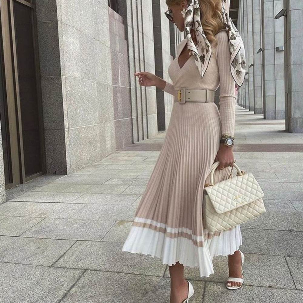 Tossy Ribbed V-Neck Knit Maxi Dress - Elegant Patchwork - P12 Hub Europe
