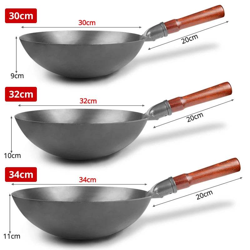 Konco Hand Hammered Wok,Chinese Traditional Iron Wok No Coating Wooden Handle Non-stick Pan Kitchen Cookware - P12 Hub Europe