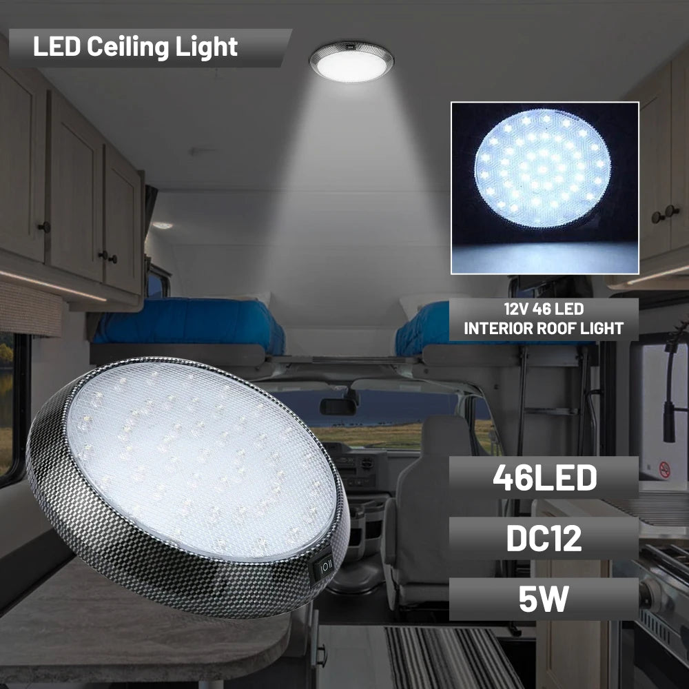 1x 12V 46 LED Caravan RV Round Ceiling Dome Lamp Car Roof Light Interior Light On Off Switch for Camper Van Motorhome Boat Lamp