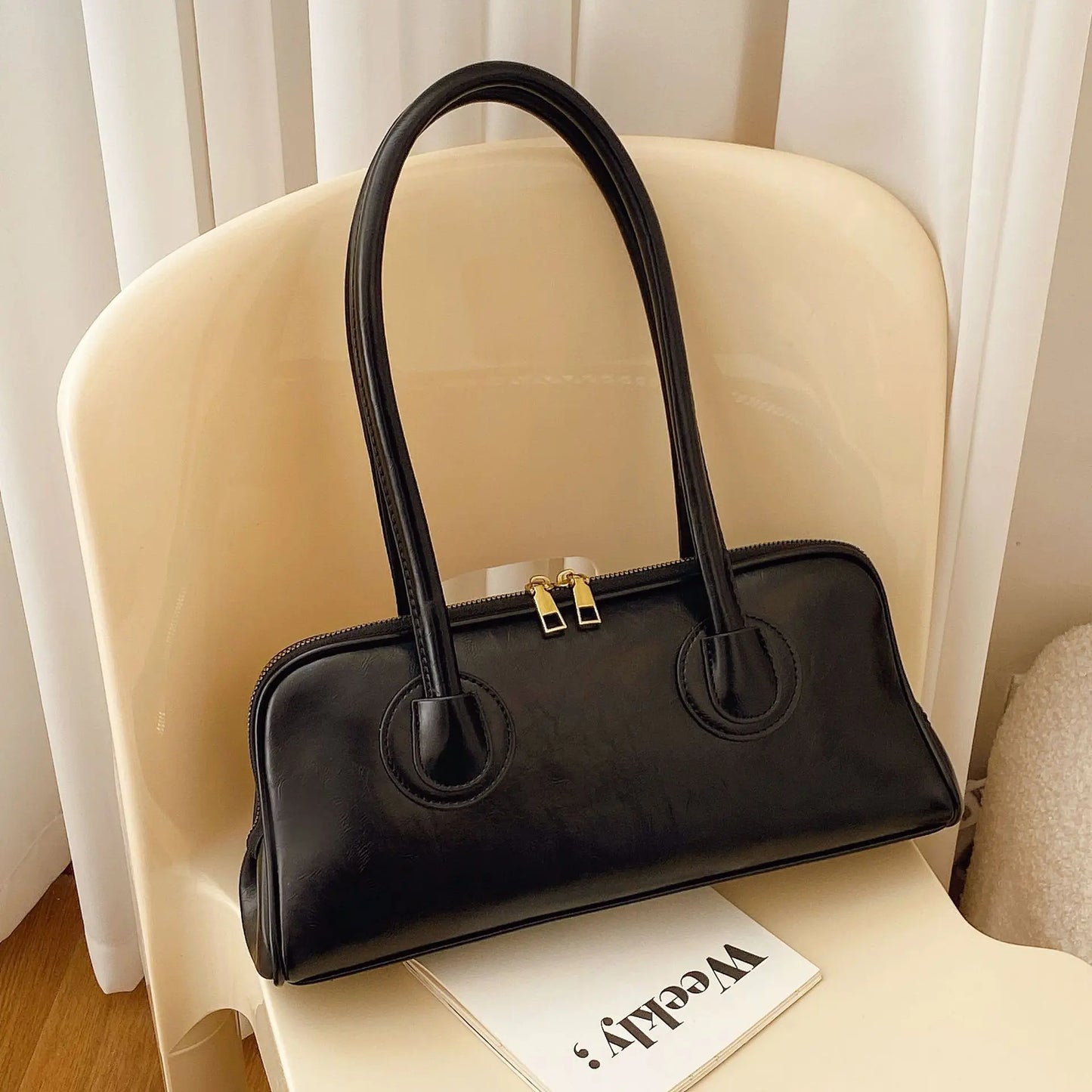 Fashion Portable Baguette Bag Retro High-quality Pu Large-capacity Bowling Underarm Shoulder Bag Niche Design Light Luxury