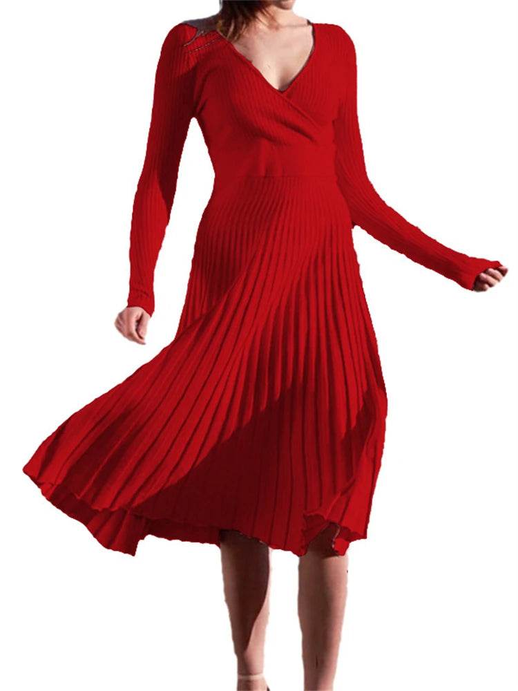 Tossy Ribbed V-Neck Knit Maxi Dress - Elegant Patchwork - P12 Hub Europe