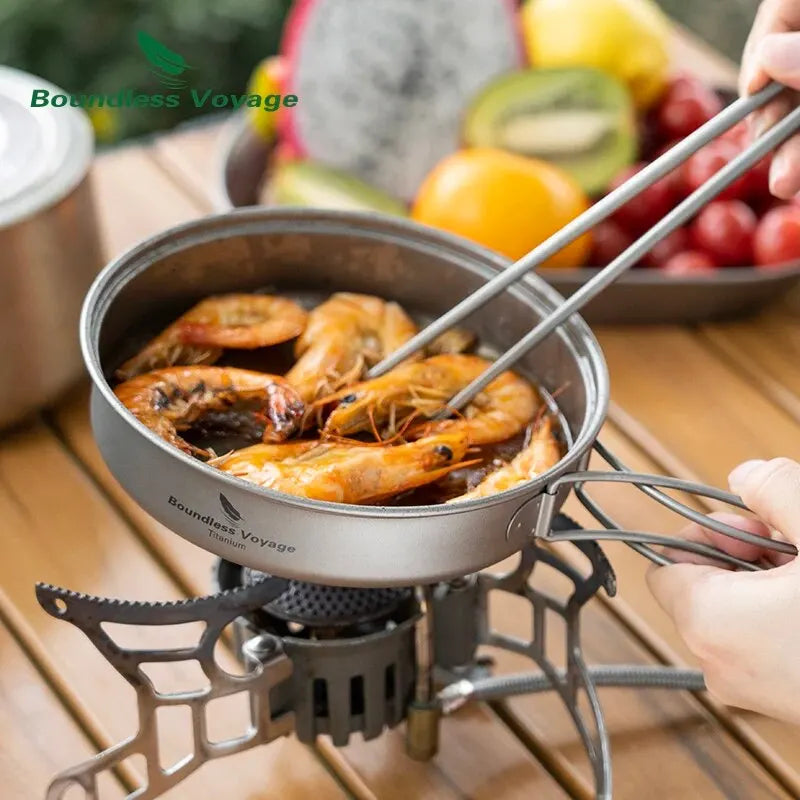 Boundless Voyage Titanium Pot Pan Set with Folding Handles Camping Cookware Hiking