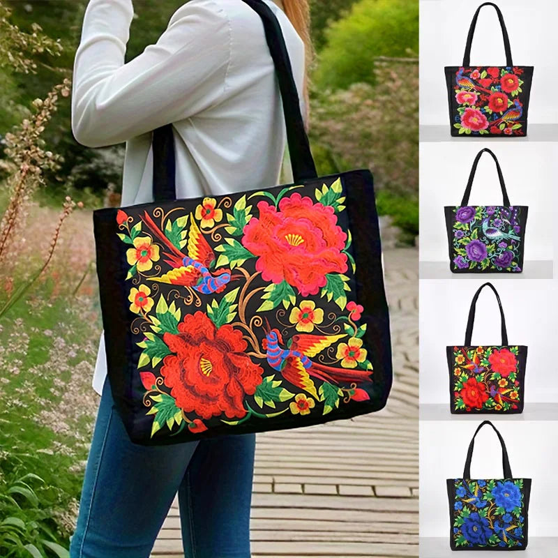 Ethnic Style Embroidery Shoulder Bag Large Capacity Literary Canvas Bag Retro Peony Tote Shopping Bag