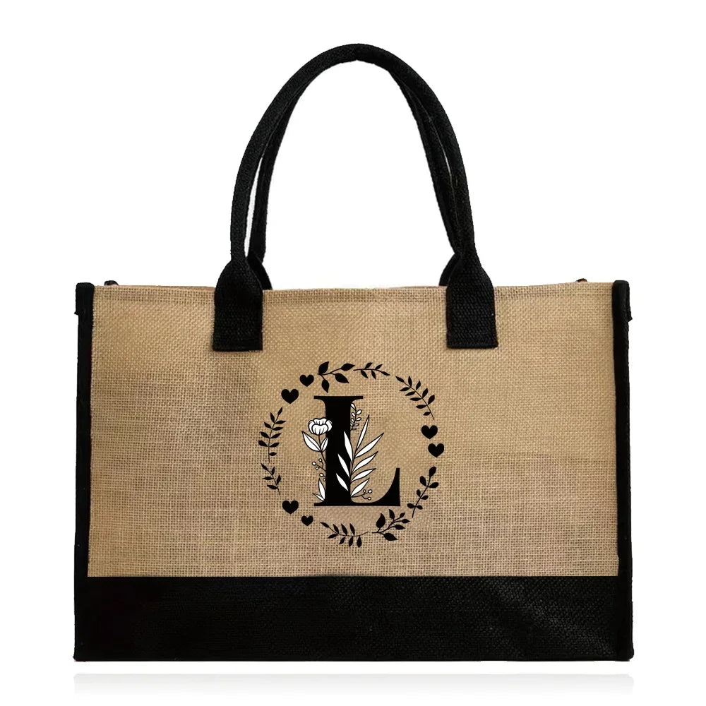 Shopping Bag Burlap Tote Bag Jute Bags Lightweight Handbag Portable LargeCapacity Women Grocery Organizer Garland Letter Pattern