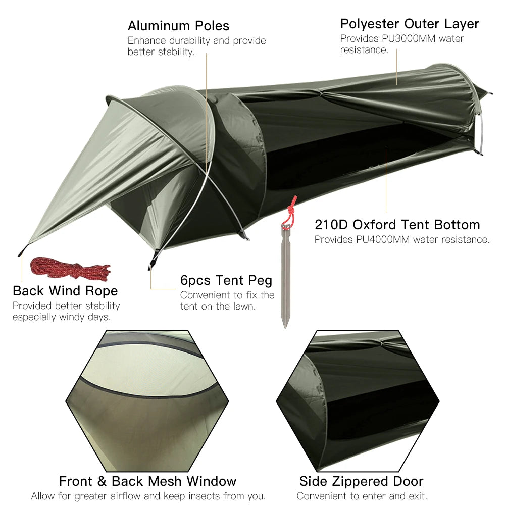 Ultralight Single Person Tent 210D Oxford Waterproof Camping Tunnel Tent for Outdoor Backpacking Hiking Fishing