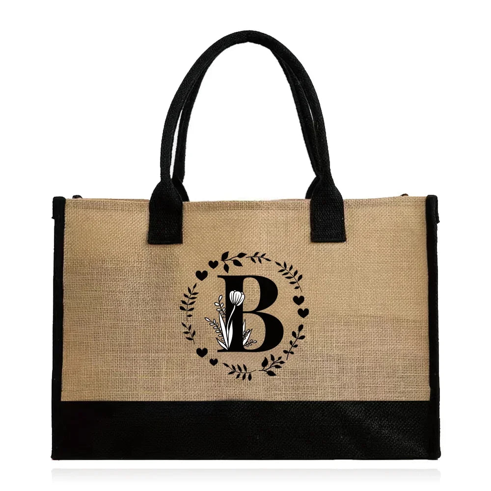 Shopping Bag Burlap Tote Bag Jute Bags Lightweight Handbag Portable LargeCapacity Women Grocery Organizer Garland Letter Pattern