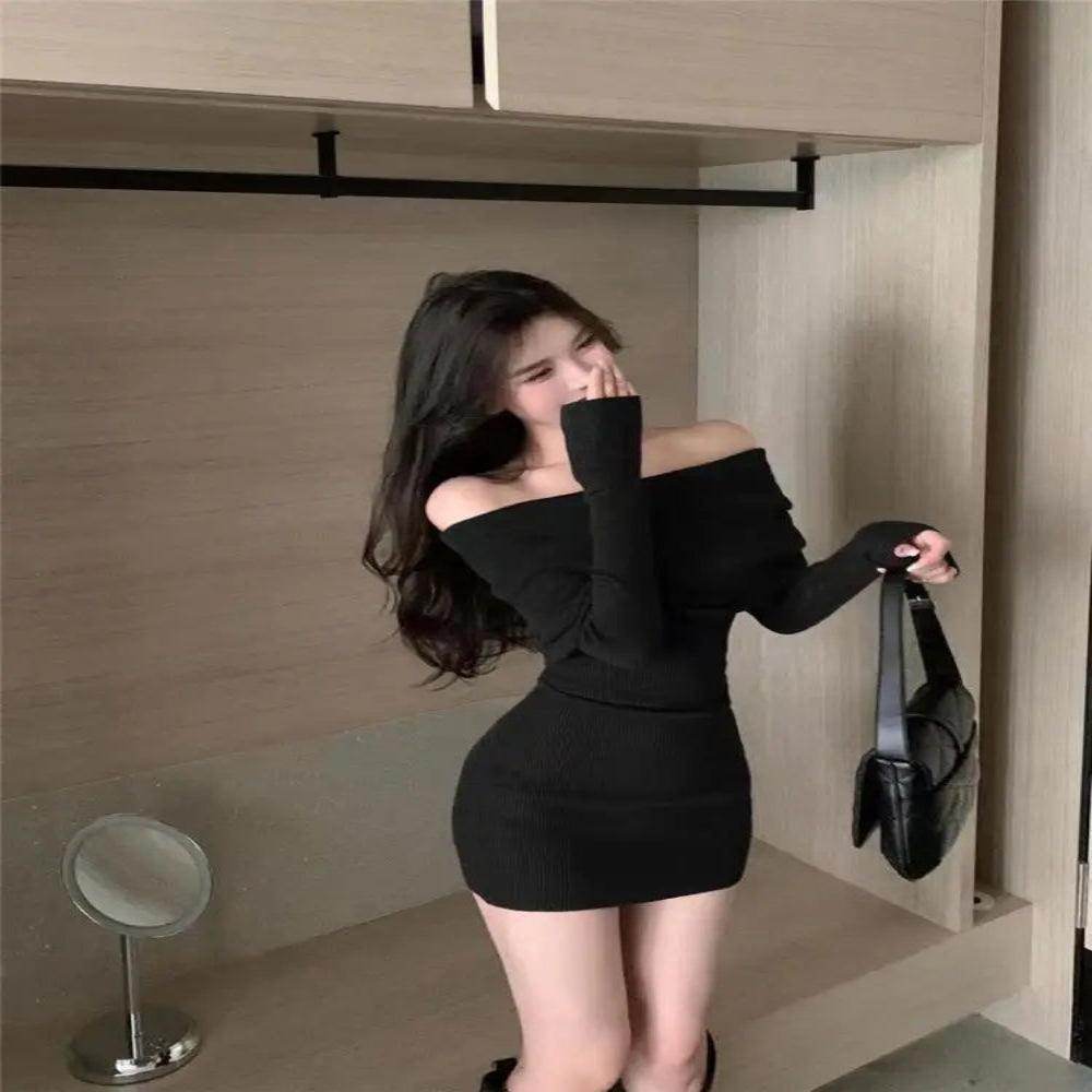 Black Off Shoulder Mini Dress Long Sleeve Sexy - P12 Hub Europe