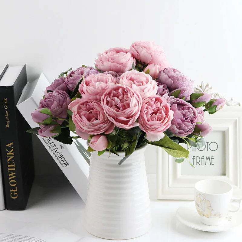 1 Bundle Artificial Roses Flowers Silk Peony Bouquet Home Decoration Accessorie Wedding Party Scrapbook Fake Plants Diy Pompons - P12 Hub Europe