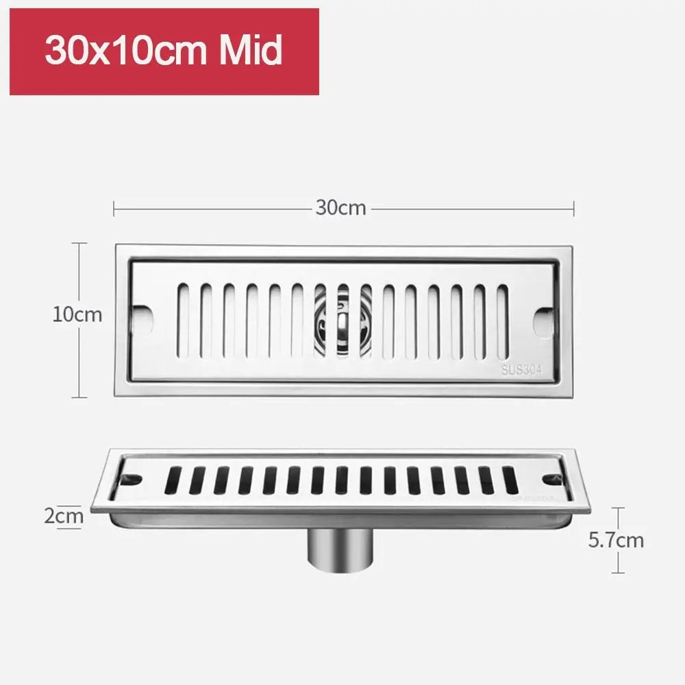 20/30/40/50cm Stainless Steel Shower Floor Drain Bathroom Rectangle Linear Floor Drainage Floor Drain with Strainer Cover