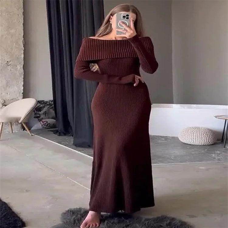 Off-Shoulder Knit Maxi Dress Ribbed Elegant - P12 Hub Europe