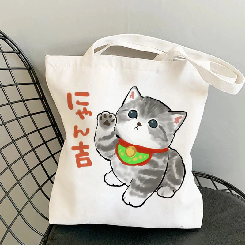 Kawaii Cats Cartoon Manga Tote Bag Beach Bag Shopper Bags Handbags Canvas Shoulder Bags Woman Shopping Bags High Capacity