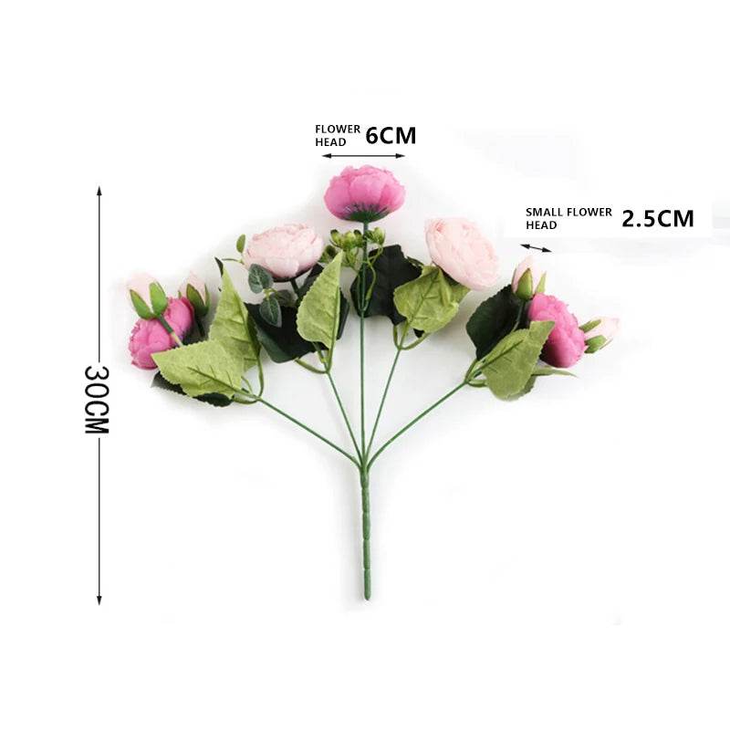 1 Bundle Artificial Roses Flowers Silk Peony Bouquet Home Decoration Accessorie Wedding Party Scrapbook Fake Plants Diy Pompons - P12 Hub Europe