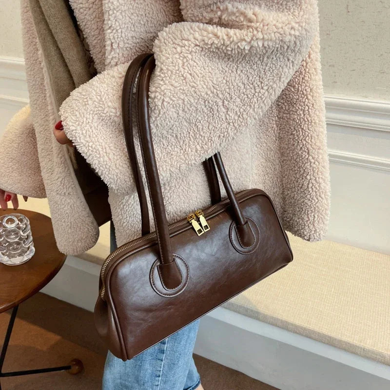 Fashion Portable Baguette Bag Retro High-quality Pu Large-capacity Bowling Underarm Shoulder Bag Niche Design Light Luxury