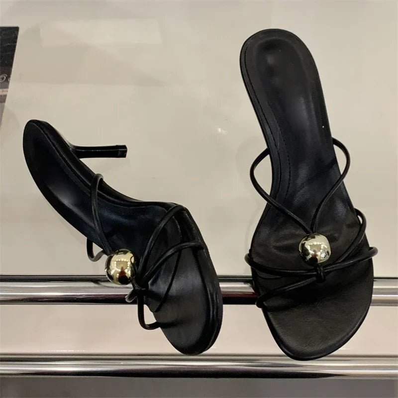 Aneikeh Fashion Low Thin Heels Design Narrow Band Women Slippers Narrow Band Round Head Sandal Mules Slides Shoes Zapatos Mujer