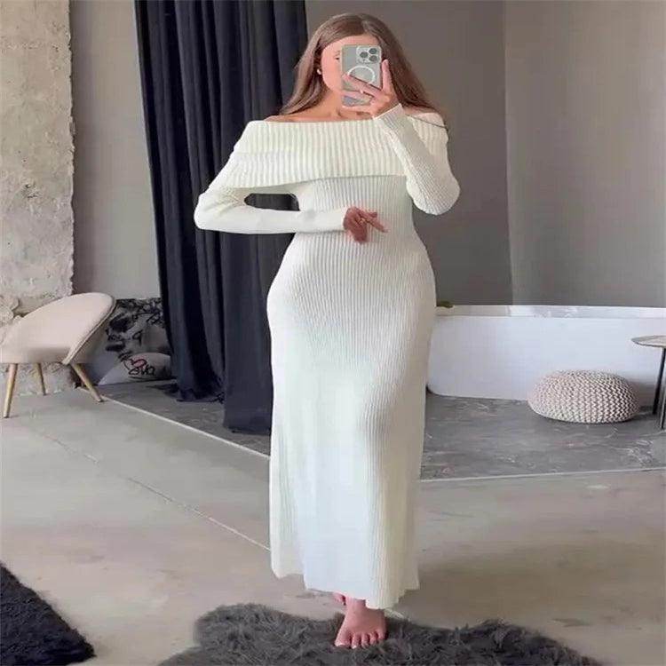 Off-Shoulder Knit Maxi Dress Ribbed Elegant - P12 Hub Europe