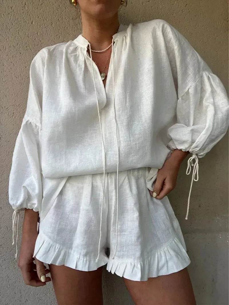 Linen Ruffle Shorts Beach Outfit - P12 Hub Europe