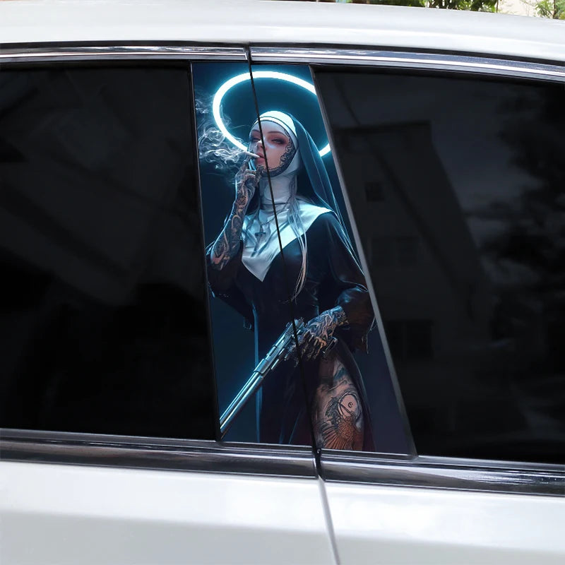 2pcs Smoking Nun Car Sticker Car B-Pillar Sticker DIY Car Door Pillar Decal Waterproof Decal Cover Scratched Decal Nun Sticker