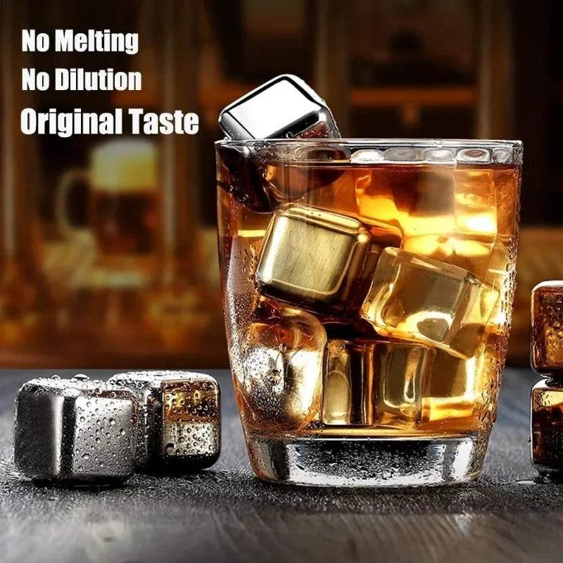 304 Food Stainless Steel Ice Cubes Set Reusable Chilling Stones for Whiskey Wine Cooling Cube Rock with Tongs Kitchen Bar Tools - P12 Hub Europe
