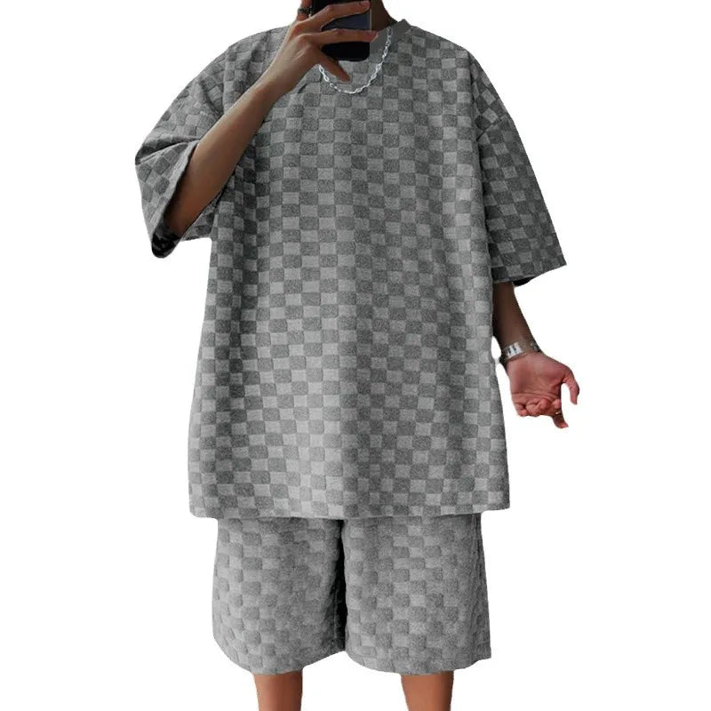 European and American Oversized Fashion Brand Men's Summer New Chessboard Plaid Loose Sports and Leisure Two-Piece Set