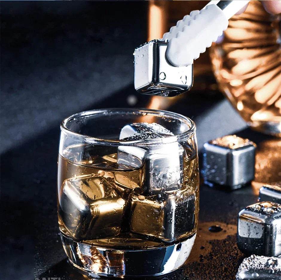 304 Food Stainless Steel Ice Cubes Set Reusable Chilling Stones for Whiskey Wine Cooling Cube Rock with Tongs Kitchen Bar Tools - P12 Hub Europe