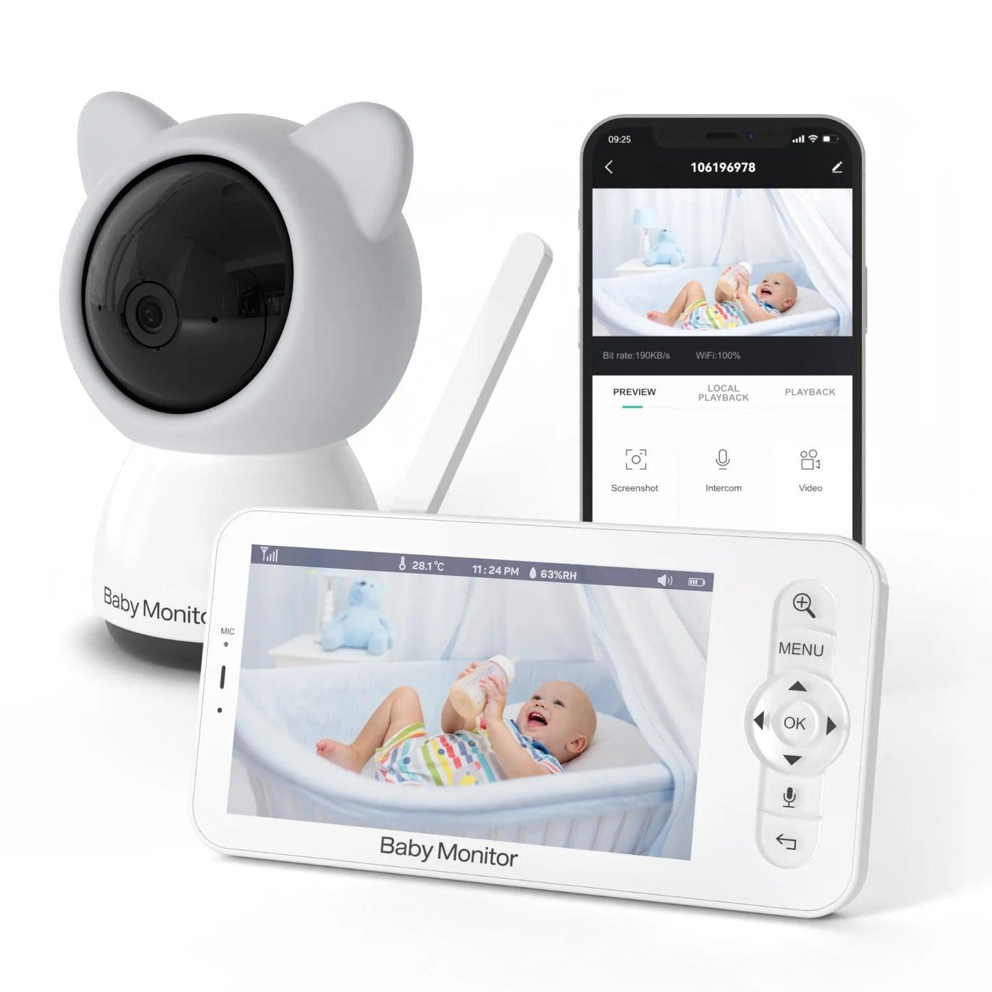 Baby Monitor 5" WiFi App Control, PTZ, 2-Way Audio - P12 Hub Europe