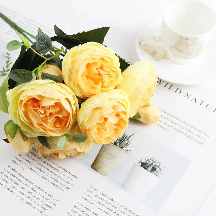 1 Bundle Artificial Roses Flowers Silk Peony Bouquet Home Decoration Accessorie Wedding Party Scrapbook Fake Plants Diy Pompons - P12 Hub Europe