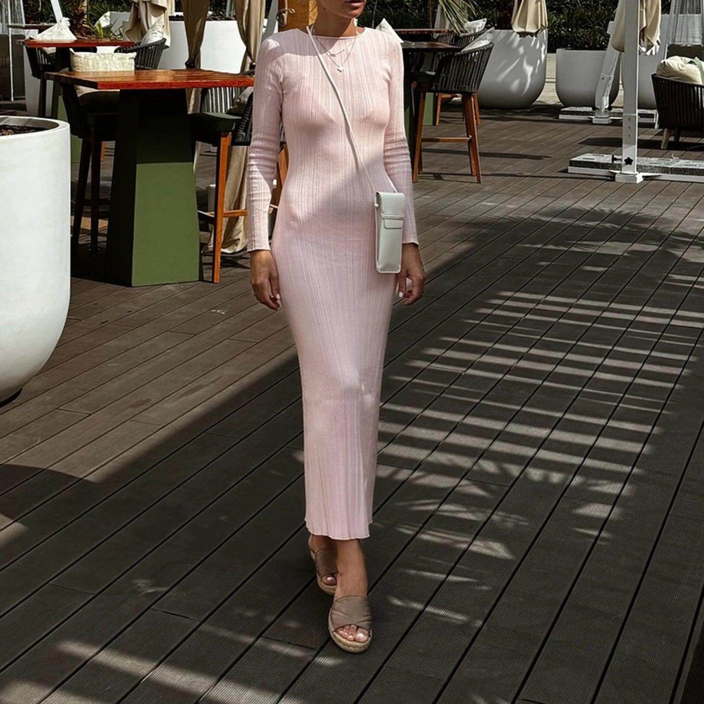 Solid Knit Long Dress Crew Neck Ribbed Slim Fit - P12 Hub Europe