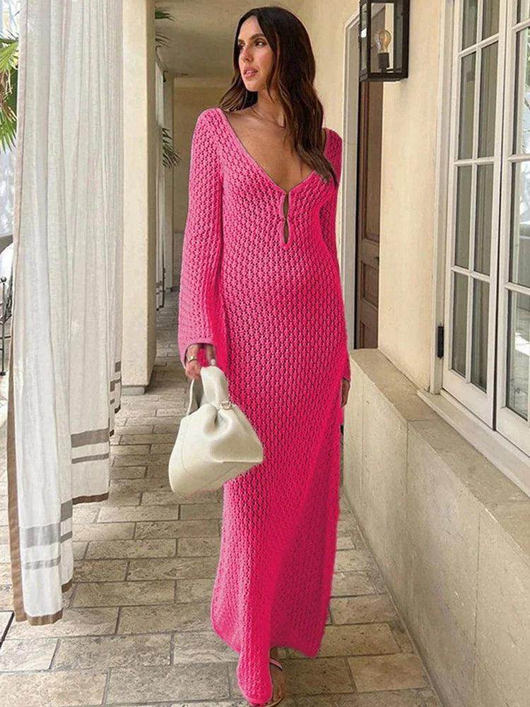 White Knit See-Through Maxi Dress Hollow Out Backless Beach - P12 Hub Europe