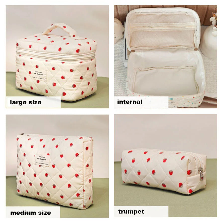 strawberry Makeup Bag Women's Cosmetic Bags Fashion Portable Cute Cosmetic Travel Storage Pouch Handbag Cotton Quilted Zipper Pu