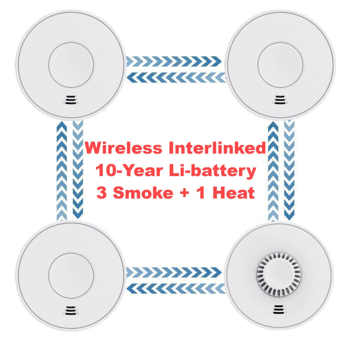 Wireless Interlinked Smoke and Heat Alarm with 10-Year Sealed Li-Battery, Smoke and Heat Alarm for Home, CE, (3 Smoke & 1 Heat)
