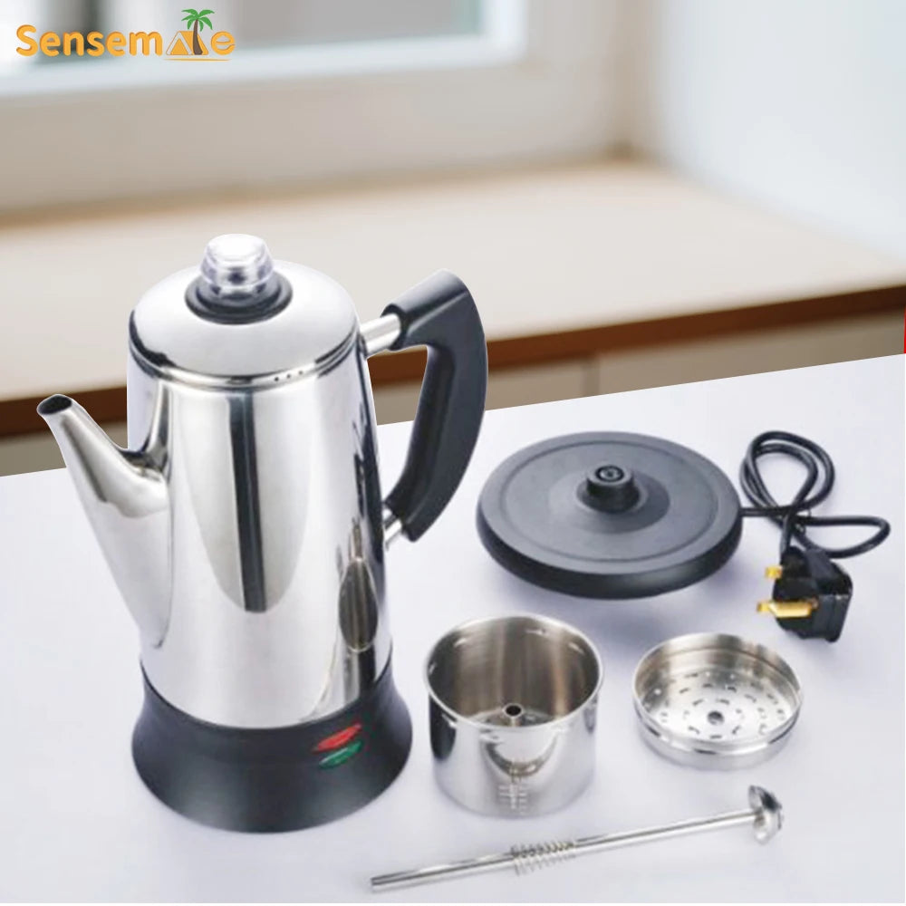 Coffee Percolator Pot Electric Stainless Steel Geyser Coffee Maker 12 Cups Drip Kettle Espresso Machine Home Cafe Kitchen Tools