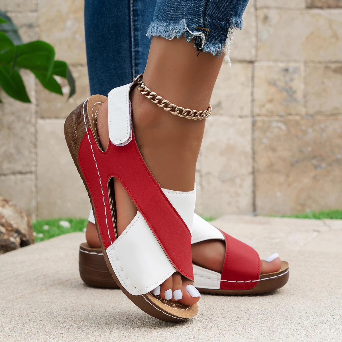 New Summer Women Mix Color Wedge Sandals Comfortable Non Slip Beach Shoes Woman PU Leather Platform Roman Sandalias Mujer