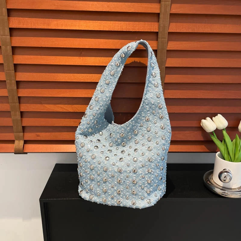 Denim Sequin Rivet Underarm Shoulder Bag,Vintage Metal Stud Motorcycle Style Handbag,Designer Blue Chic Women Bucket Tote Bags