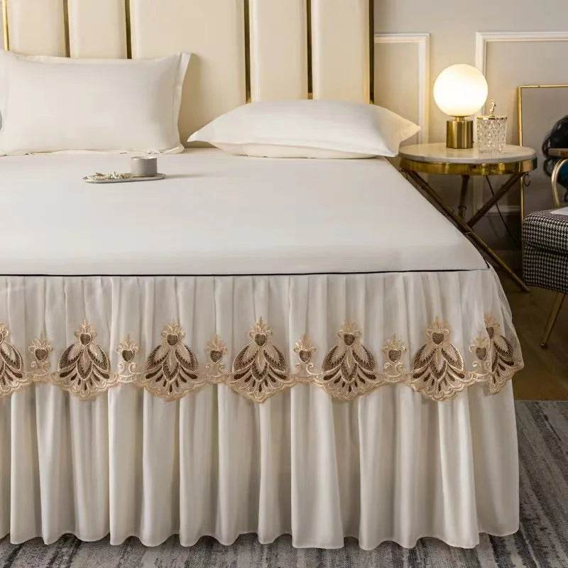 3pcs Set Raw Cotton Soft Bedspread Bed Romance Dust Protector Cover Embroidery Lace Edge Bed Skirt with 2pcs Pillowcase - P12 Hub Europe