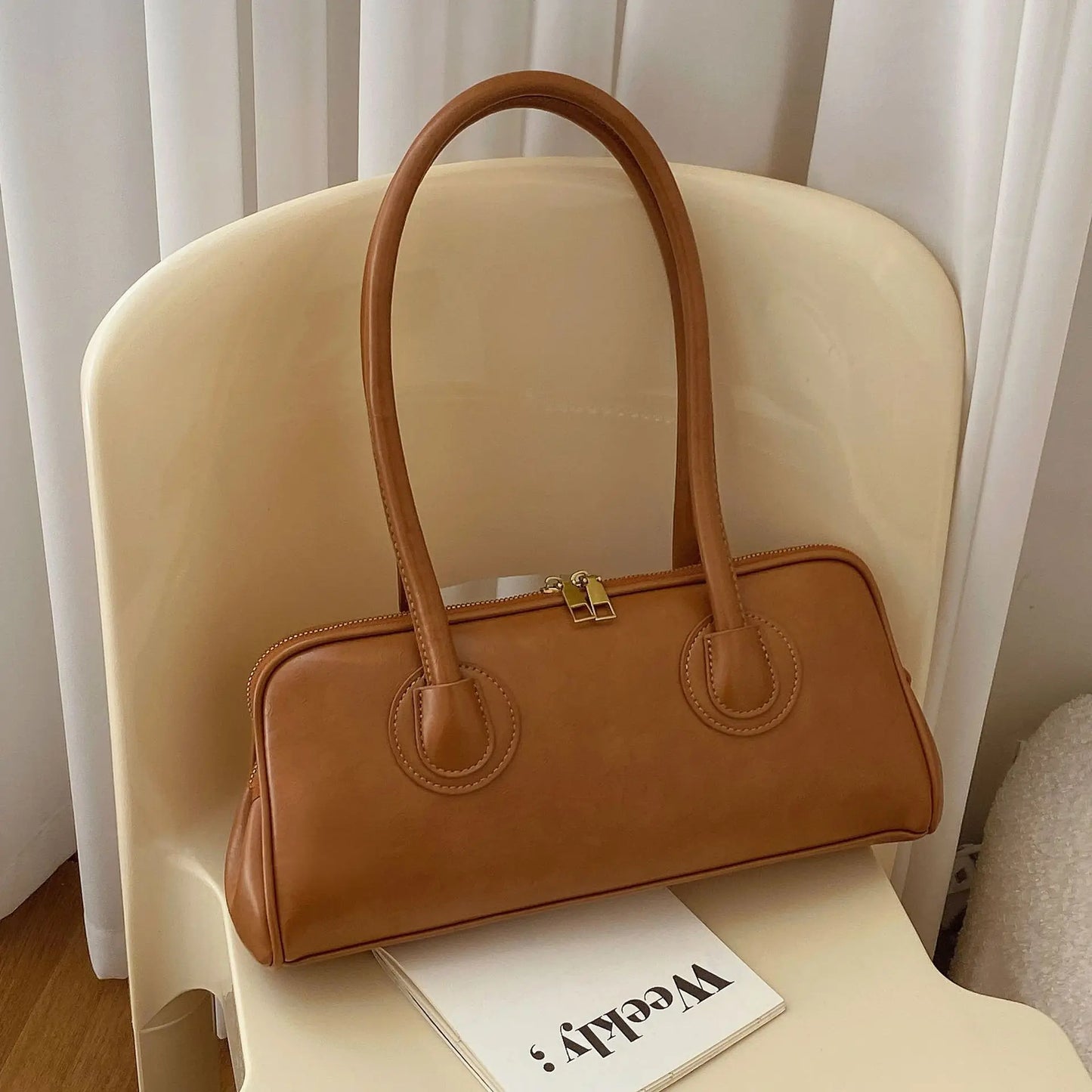 Fashion Portable Baguette Bag Retro High-quality Pu Large-capacity Bowling Underarm Shoulder Bag Niche Design Light Luxury