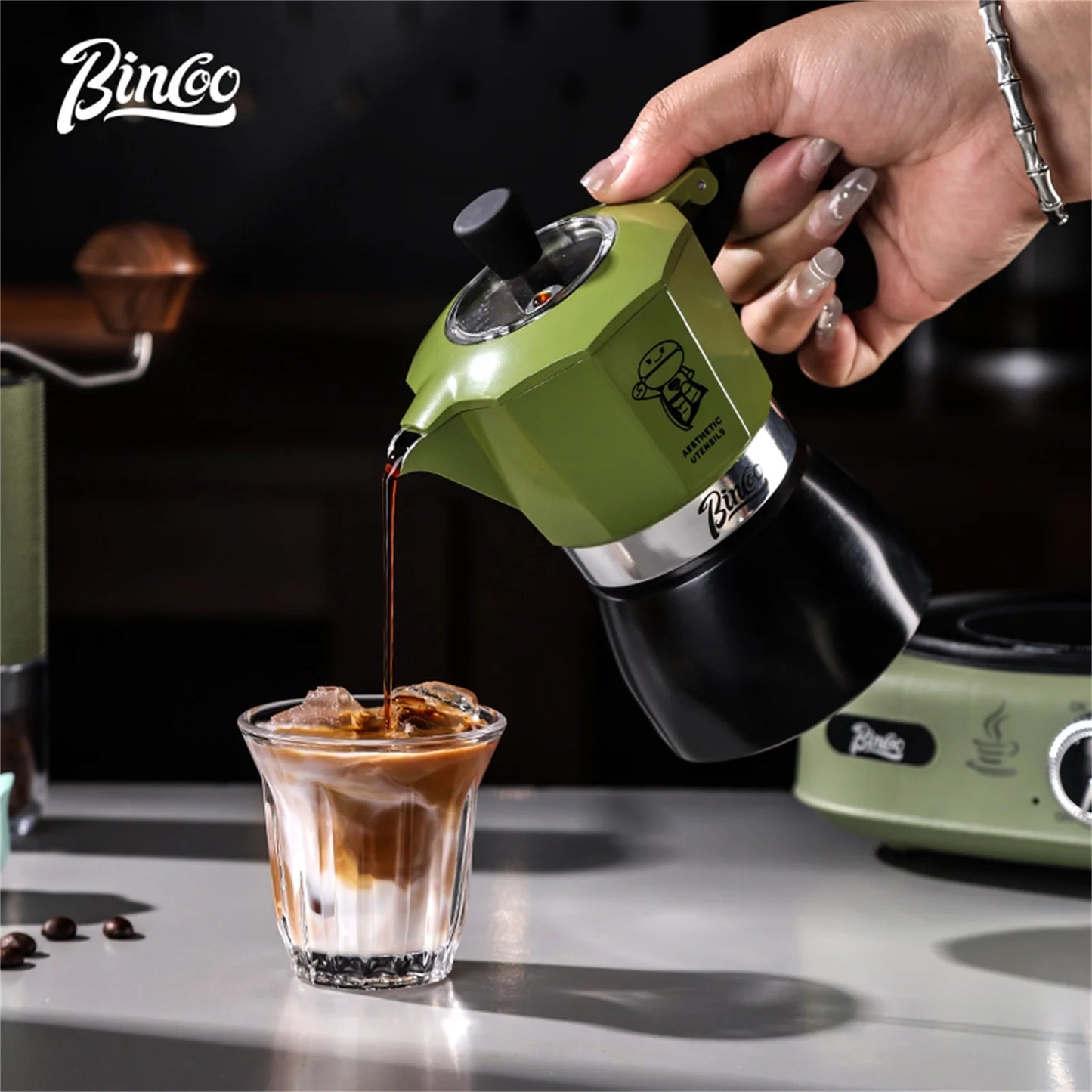 Bincoo Double-valve Moka Pot Set Electric Stove Pot Household Italian Espresso Machine Coffee Mocha Pot Barista Accessories 220V