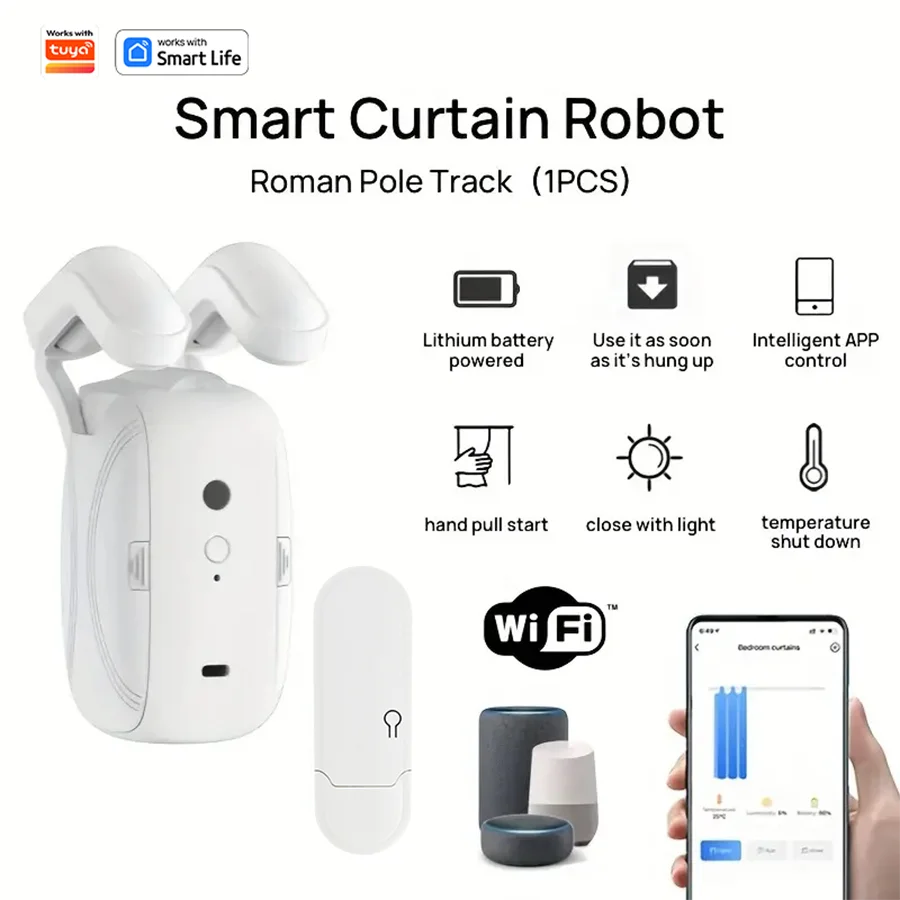 1/2pcs Smart WiFi Curtain Robot with Wi-Fi Gateway, APP Remote Control, Automatic Opening Hand Pull Start,Compatible with Alexa