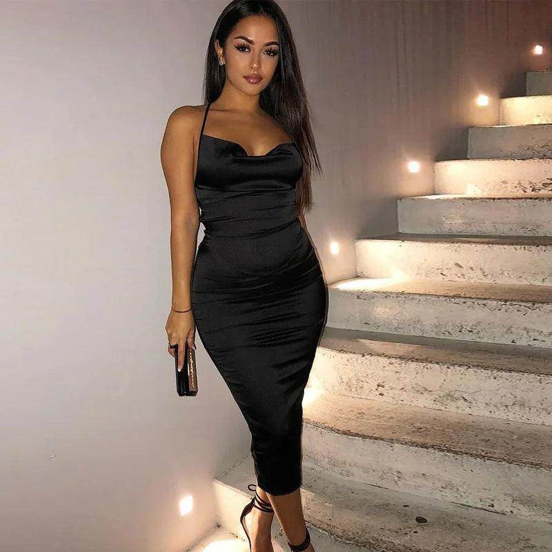 Neon Satin Lace Up Midi Dress Sexy Backless Party - P12 Hub Europe