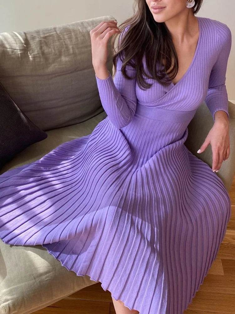 Tossy Ribbed V-Neck Knit Maxi Dress - Elegant Patchwork - P12 Hub Europe