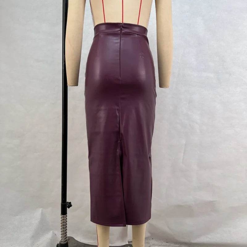Women's Burgundy PU Slit Skirt - P12 Hub Europe
