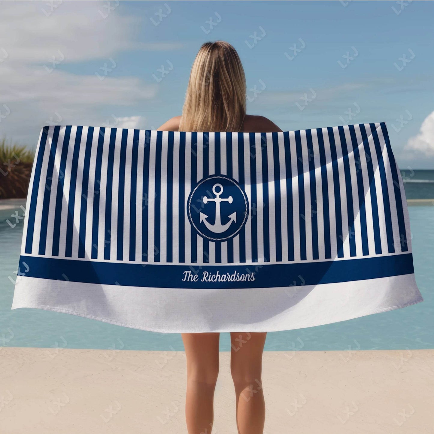 Personalized Custom Boat Name Beach Towel Nautical Striped Bath Towel for Adults Soft Quick Dry Perfect for Travel and Pool - P12 Hub Europe